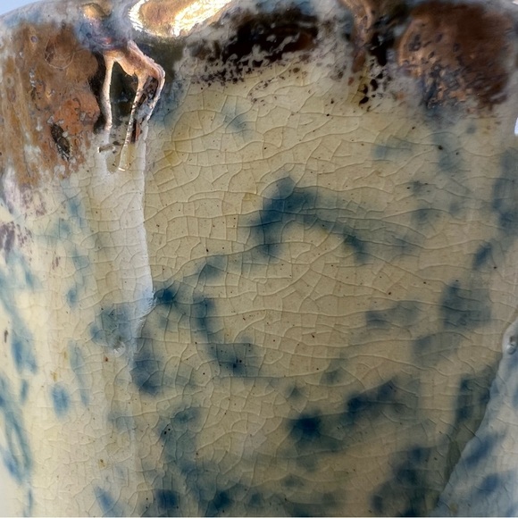 Vintage Small Blue Yellow Spongeware Stoneware Pitcher Vase Ceramic Piece - Picture 15 of 16